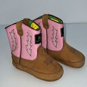 John Deere Infant Baby Girl Cowgirl Boots Pink Tan Leather Size 4 Soft Sole Grip